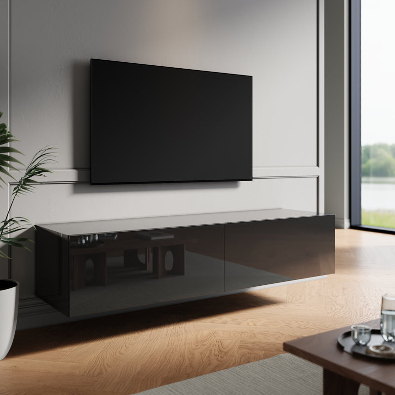 Hangable and floor standing TV stand in high-gloss UV panel, 30cm H x 140cm W x 40cm D, Black