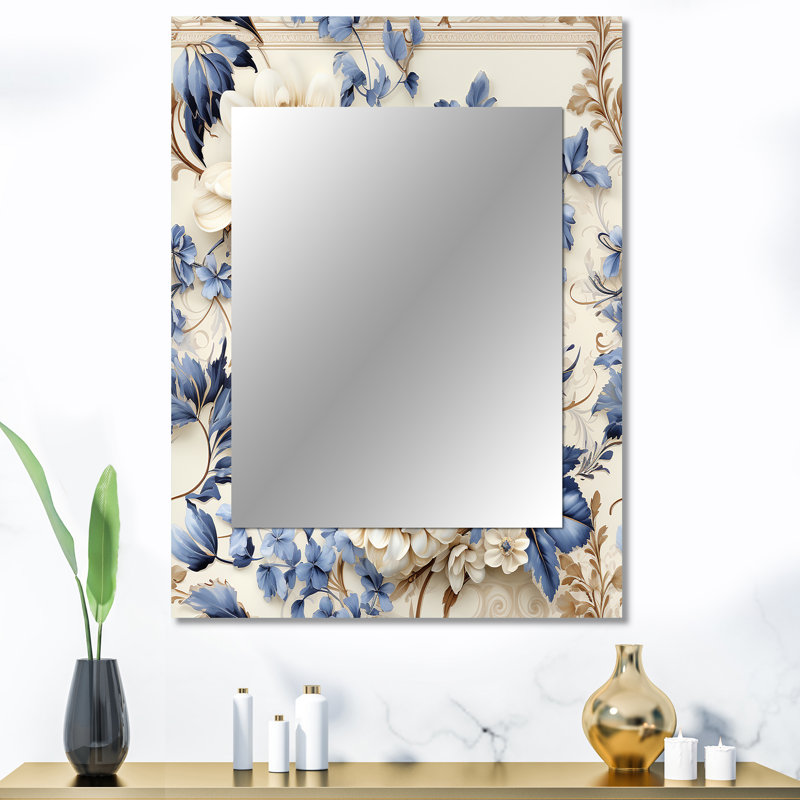 «Hough Victorian Blue and White Flowers Damask», miroir damassé, miroir mural décoratif Boho, reproduction d'art en métal