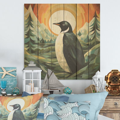 Penguin Forest At Sunset - Penguin Wood Art On Natural Pine Wood