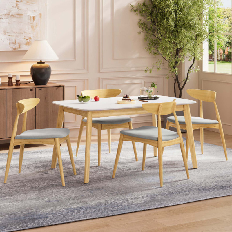 Ensemble de salle à manger 5 pièces, 1 table + 4 chaises, structure en bois d'hévéa, chaises ergonomiques et table en faux bois