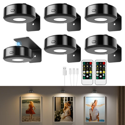 Lampe pour tableau rechargeable, applique murale sans fil 6 pièces pour œuvre d'art, télécommande à intensité variable, finition noire