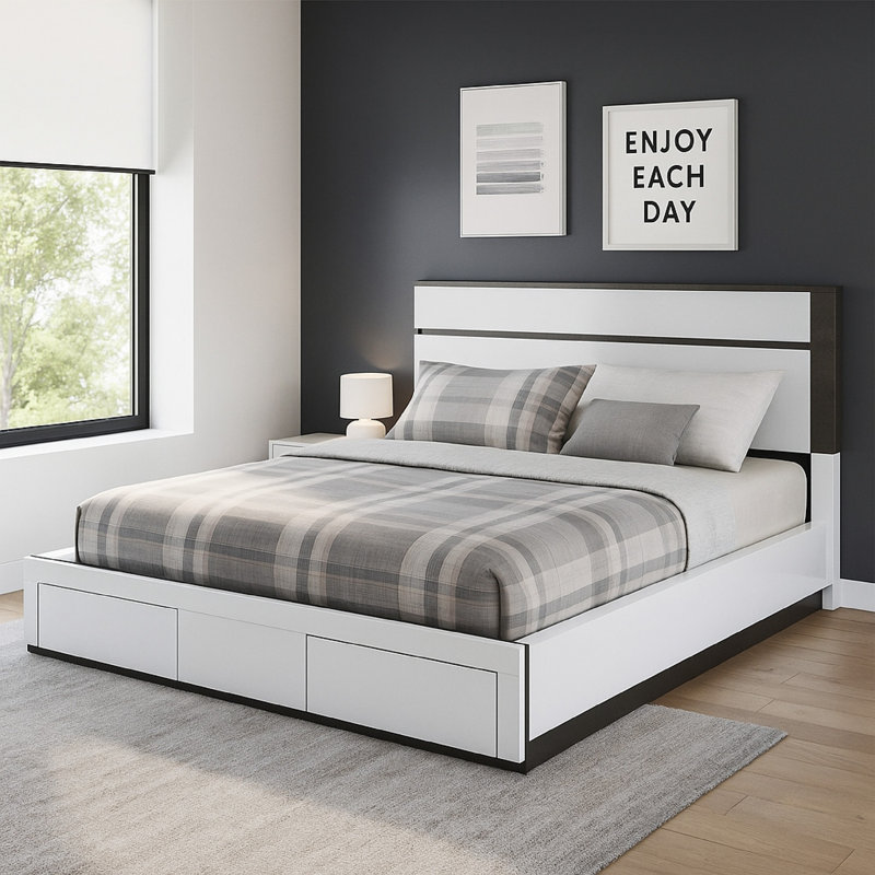 Lit très grand Kena, tête de lit à panneau blanc gris, tiroirs de rangement au pied du lit, Grand