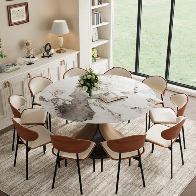 11-Piece Dining Set with White Leather Upholstered Chairs