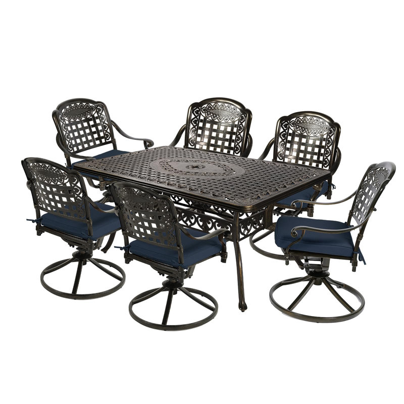 6 - Person Patio Dining Set with Rectangular Table , Cushions Included, Navy Blue
