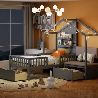 Twin House Bed with Upholstered Sofa, Charging Station, Wireless Charger, Storage Shelves & 2 Drawers, Gray