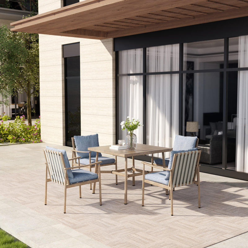 Mariene 4 - Person Patio Dining Set with Square Table , Cushions Included, Beige, Blue