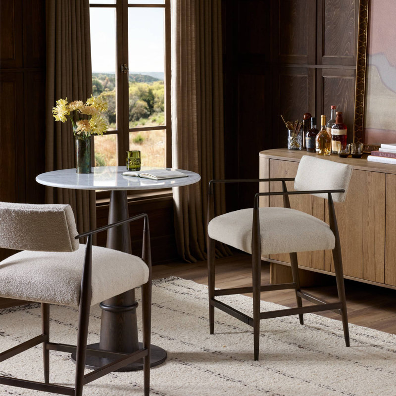 Waldon Upholstered Bar Stool with Solid Wood Frame, Drifted Oak/Brushed Brass, Altair Sienna/Polyester