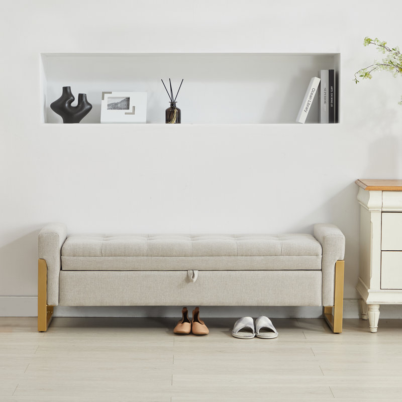 Repose-pieds de rangement rectangulaire capitonné de 57 po de largeur, Lin beige