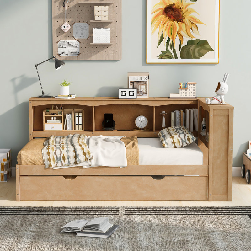 Lit de jour pour enfants avec lit gigogne caché et rangement pour tête de lit, lit d'enfant multifonctionnel en lattes de bois massif pour petits espaces - Bois