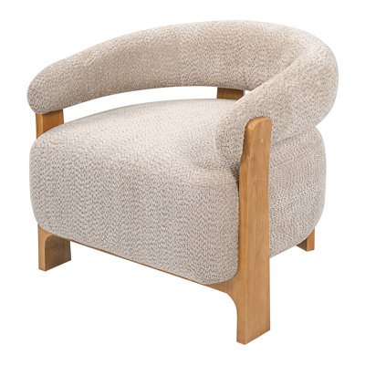 Mid-Century Modern Boucle Accent Chair with Solid Wood Frame, Curved Arm Barrel Chair, Upholstered Teddy Fleece Lounge Chair for Living Room, Bedroom & Office