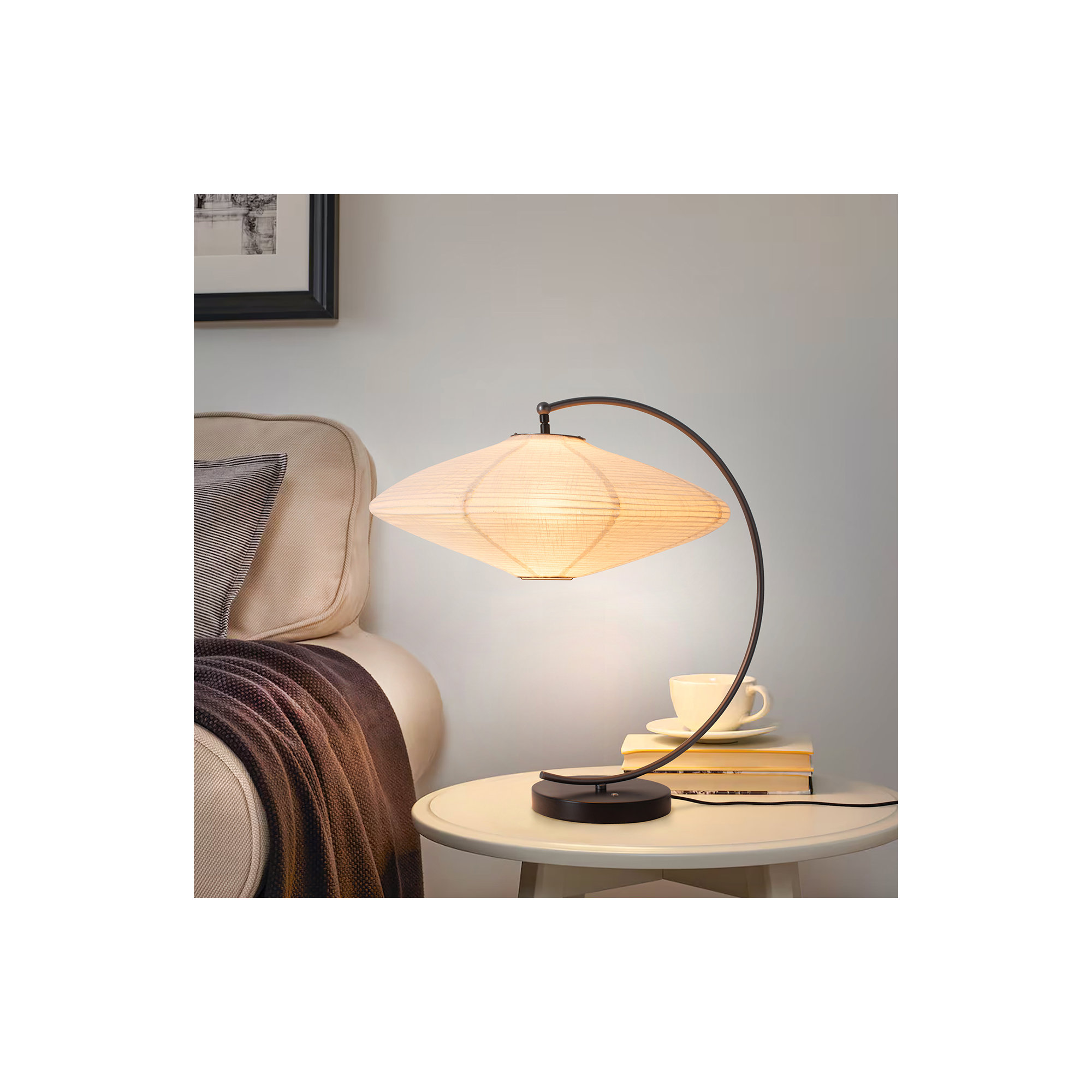 Roswell Table Lamp - Matte Black & Matte Black Finish, Handcrafted Shinpuru-sa Linen-Cotton Shade, Black Marble Base