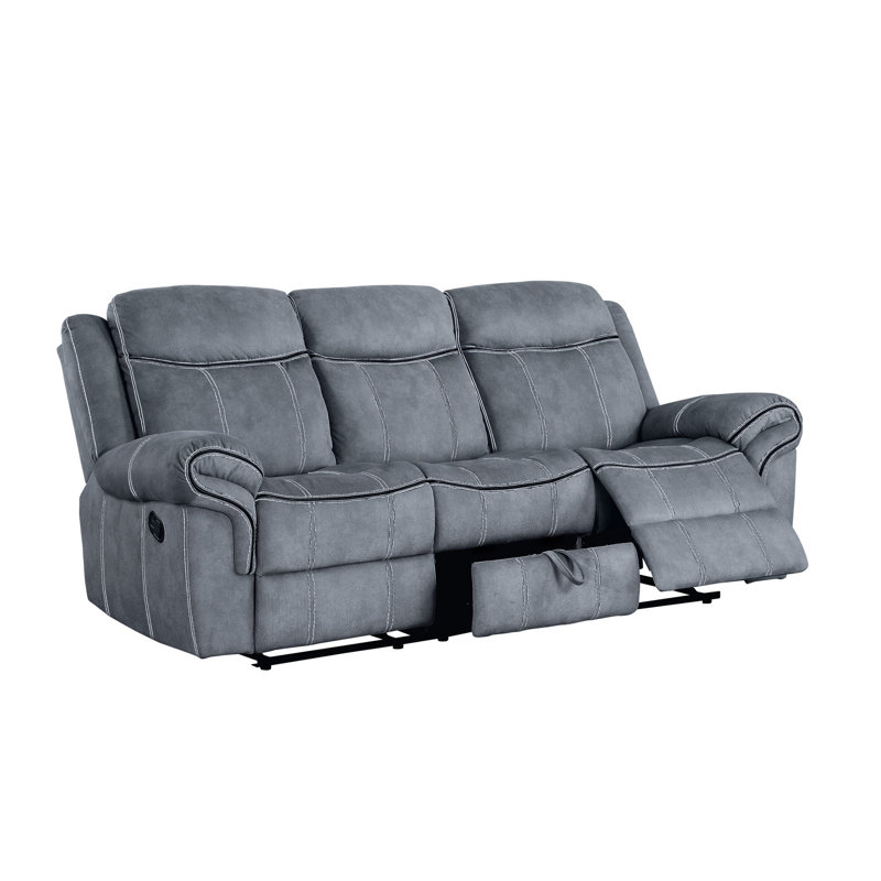 Fauteuil inclinable confortable en velours avec rangement caché et inclinable à deux tons de gris, table rabattable, 3 places, et détails capitonnés élégants