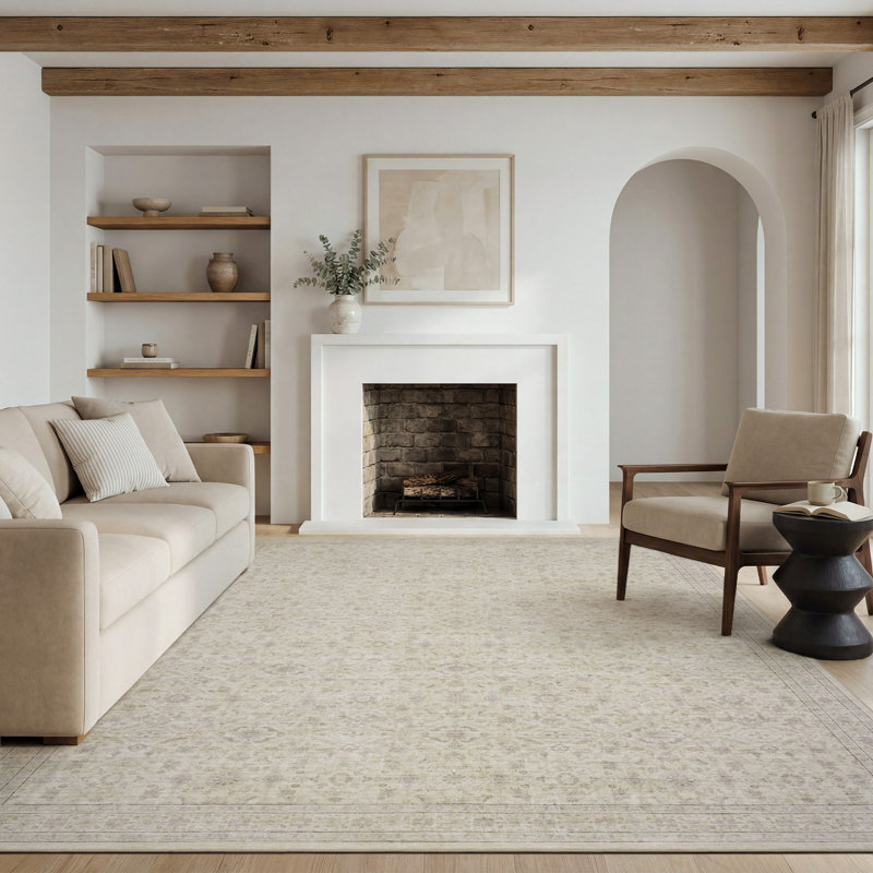 Beige Vintage-Inspired Washable Non-Slip Area Rug For Living Room, Bedroom, Rectangle 9' x 12', Beige