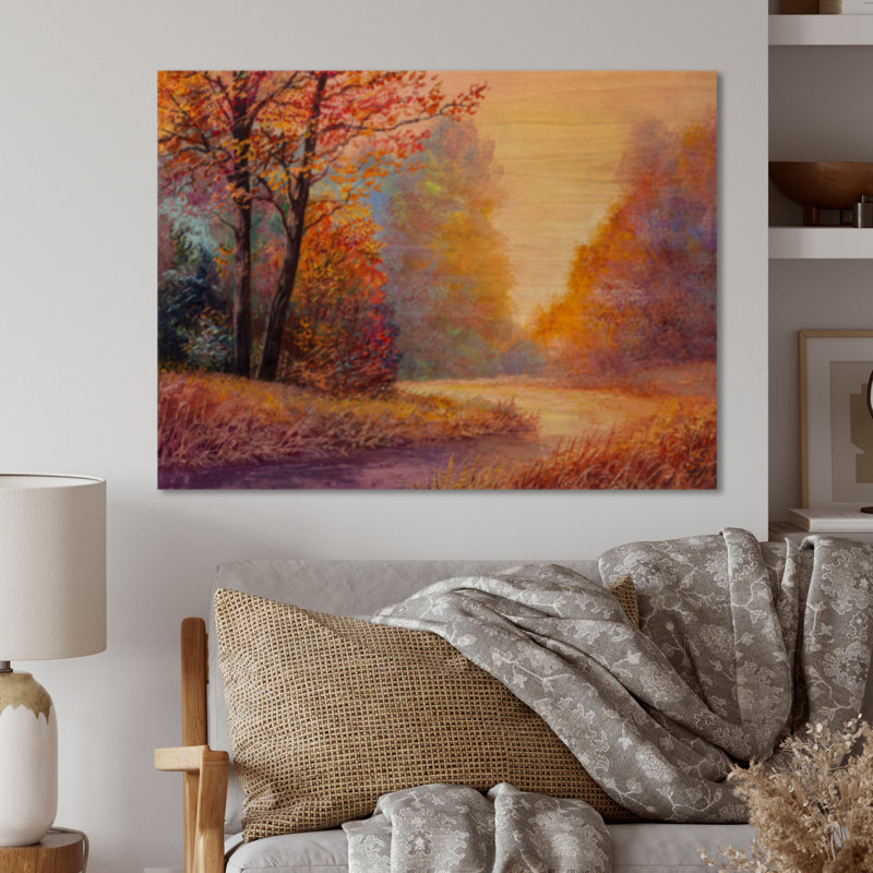 Sentier dans la forêt d'automne, paysage de feuilles orange - reproduction de maison de lac, H 16 po x l 32 po x p 1 po