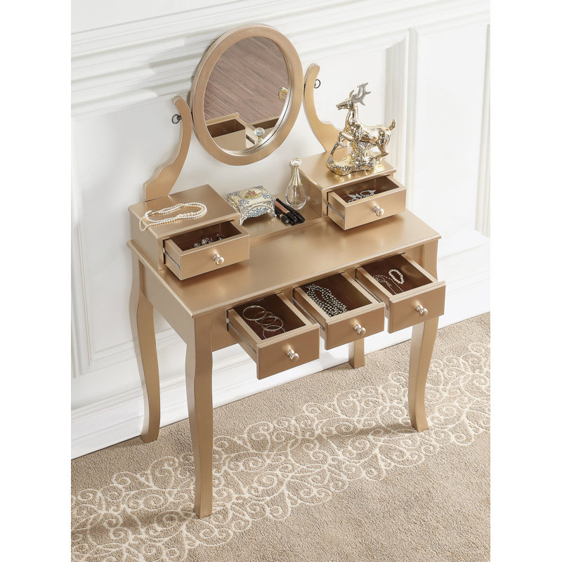 Wood Make-Up Vanity Table And Stool Set, Ashley Wood Makeup Vanity Table And Stool Set, Gold, Gold