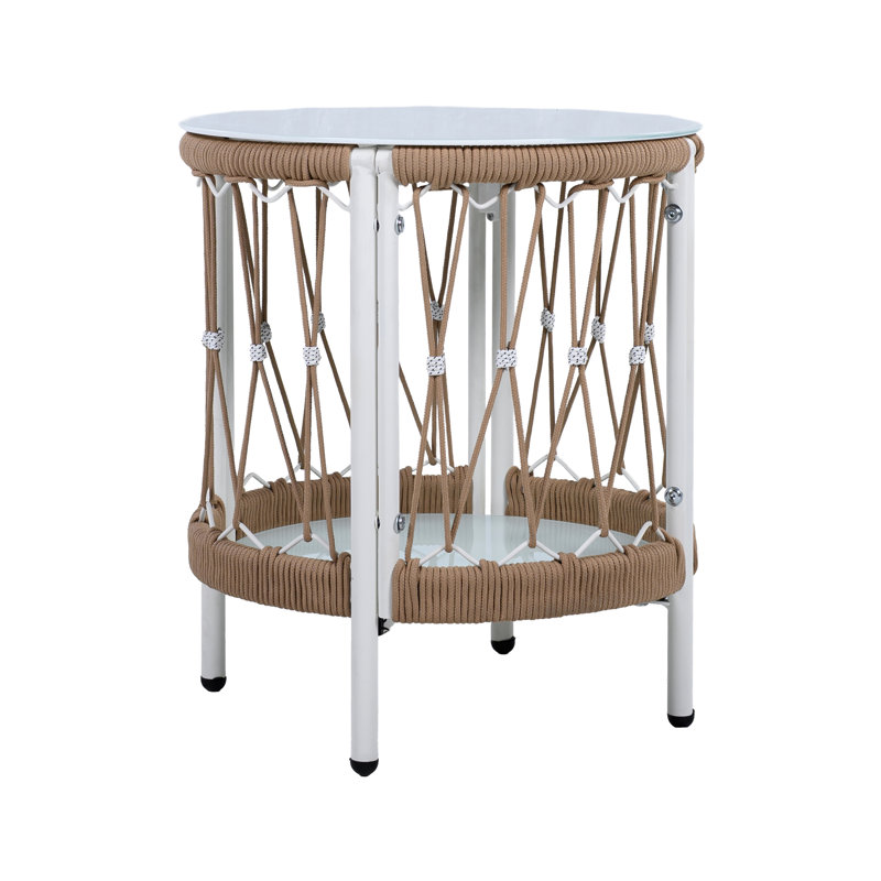17.19" Outdoor Side Table With Bohemian Magnetism, Woven Rope Tabletop And Powder-Coated Frame For Poolside Delight In Aura Rust- Smooth Glass Easy Cleaning