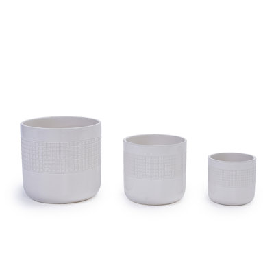 Handmade White Ceramic Planter Set Of 3 (5.51" To 9.65"), Indoor & Outdoor Flower Pots For Succulents, Herbs By Window, Couchside - Breathable Textured Clay