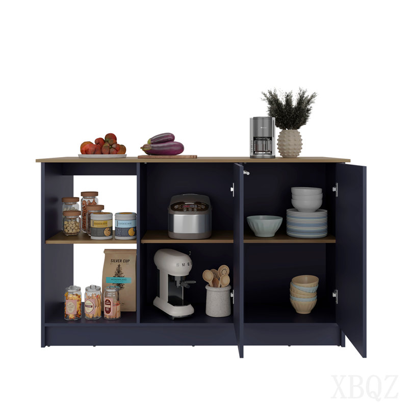 Îlot de cuisine avec grande surface supérieure, armoire à double porte et tablettes ouvertes, Blue