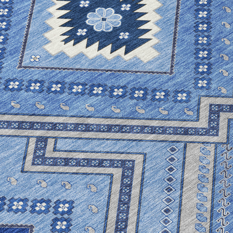 Blue Tribal Pattern Washable Synthetic 8' x 10' Rug