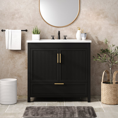 Meuble-lavabo moderne cannelé Oriel de 36 po avec lavabo en résine, 2 portes à fermeture douce et tiroir à extension complète pour salles de bains de style spa et détente.