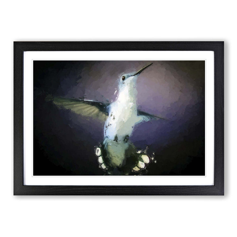 Hummingbird Bird in Flight in Abstract - Picture Frame Painting Print on MDF, 48cm H x 65cm W x 2cm D, Black Framed