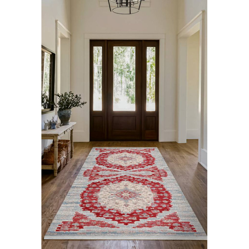 Marisol Burgundy Beige Gray Oriental Machine Printed Cotton Polyester Area Rug, Round 5'3"