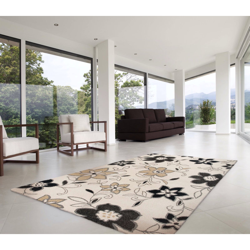 Tapis beige/noir tissé à la machine Market, Rectangle 5 pi 3 po x 7 pi 7 po