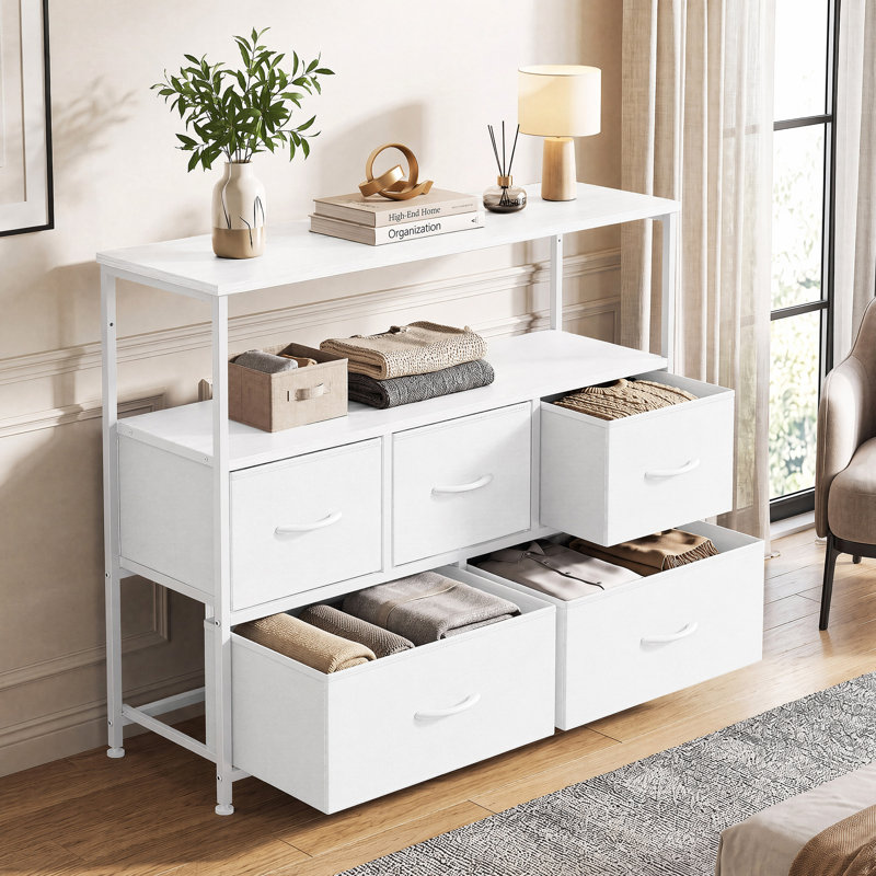 Commode à 5 tiroirs avec tablette ouverte, meuble télé en bois et métal, Blanc
