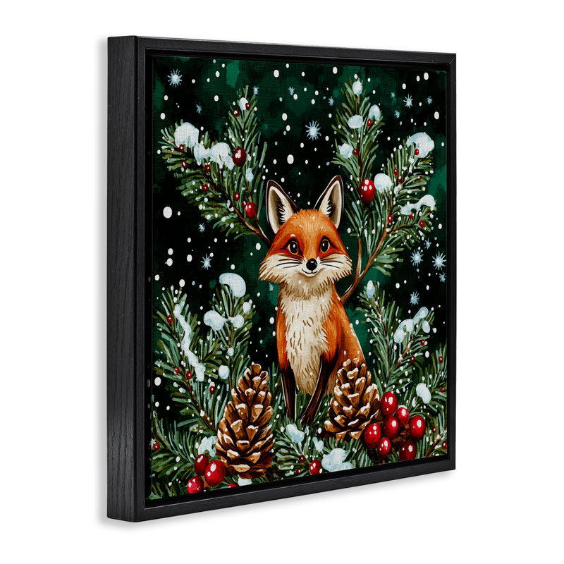 Cadre flottant Winter Fox & Pinecones, design par Yen, Cadre flottant noir de jais, H 18 po x l 18 po