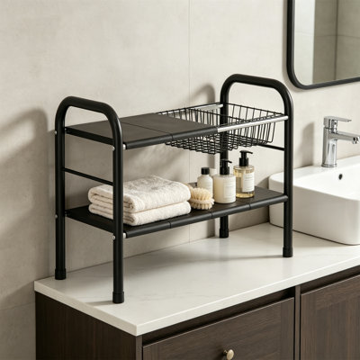 Expandable Under Sink Organizer, 2 Tier With Baskets, Black, 17.7"-32"
