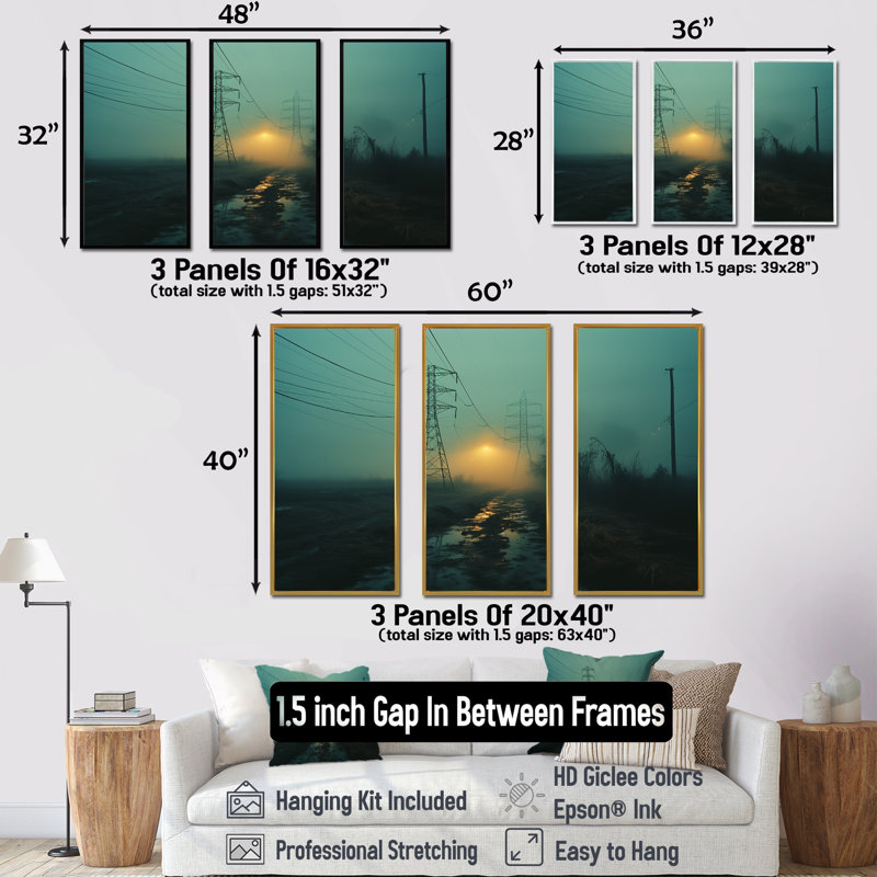 Teal Tangle Power Lines Mystery - Ensemble de salon mural Power Lines, Cadre flottant noir, H 40 po x l 60 po x P 1 po
