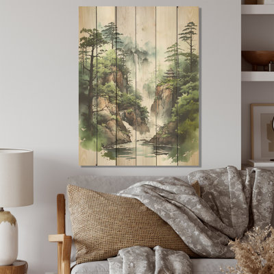Minimalism Cliffside Reverie - Mountains Wood Panel Wall Art On Natural Pine Wood