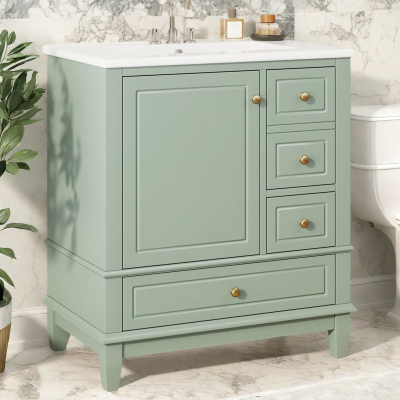 Meuble-lavabo 30 po avec lavabo, une porte avec tablette et trois tiroirs, porte à fermeture en douceur, Vert