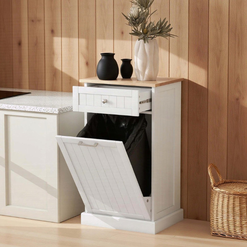 Armoire de cuisine dissimulée pour bac avec porte basculante et tiroir, chêne