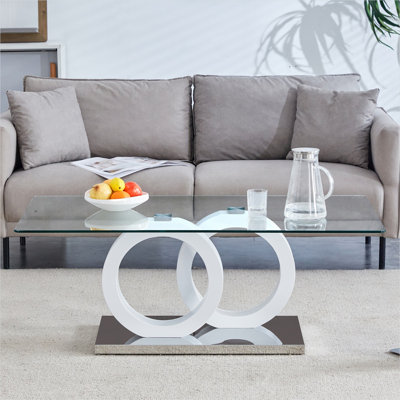Table basse pour les salons et les salons, base classique en panneau de fibres à densité moyenne blanche avec plateau en verre transparent, design rectangulaire moderne de 47,2 pouces