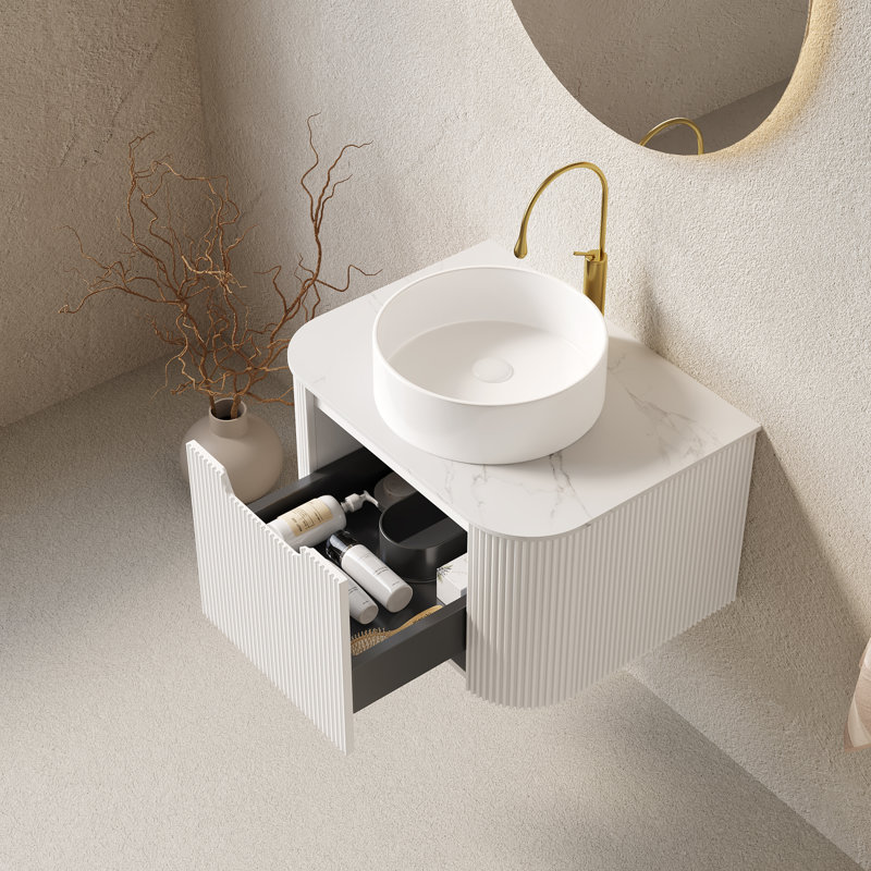 Meuble-lavabo 24 po Modern Dina, pierre frittée blanche, style flottant