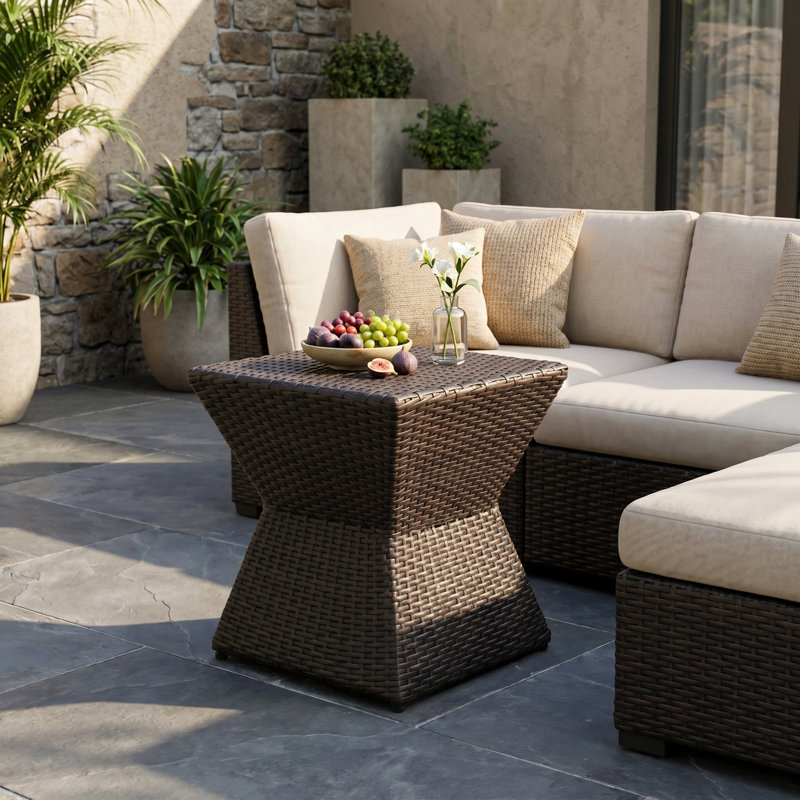  Pasternak Contemporary Coastal PE Wicker Outdoor End Table with Geometric Design for Patio, Poolside & Garden