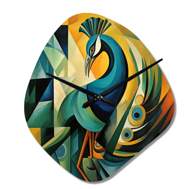 Ritage vert bleu paon cubiste - paon horloge asymétrique en métal, horloge murale moderne, Grand