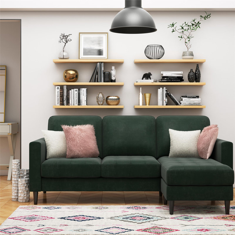 3 Seater Velvet Sofa & Chaise, Green