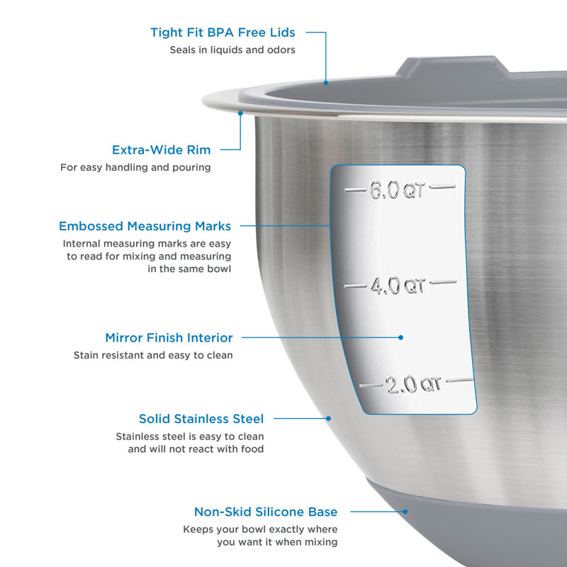 Viking 10 Piece Stainless Steel Mixing Bowl Set with Lids, Gray