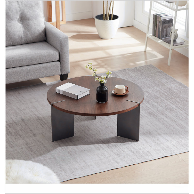 Table basse ronde en bois de noyer et pieds en métal noir, H 14,96 po x L 35,43 po x l 25,43 po, Brun