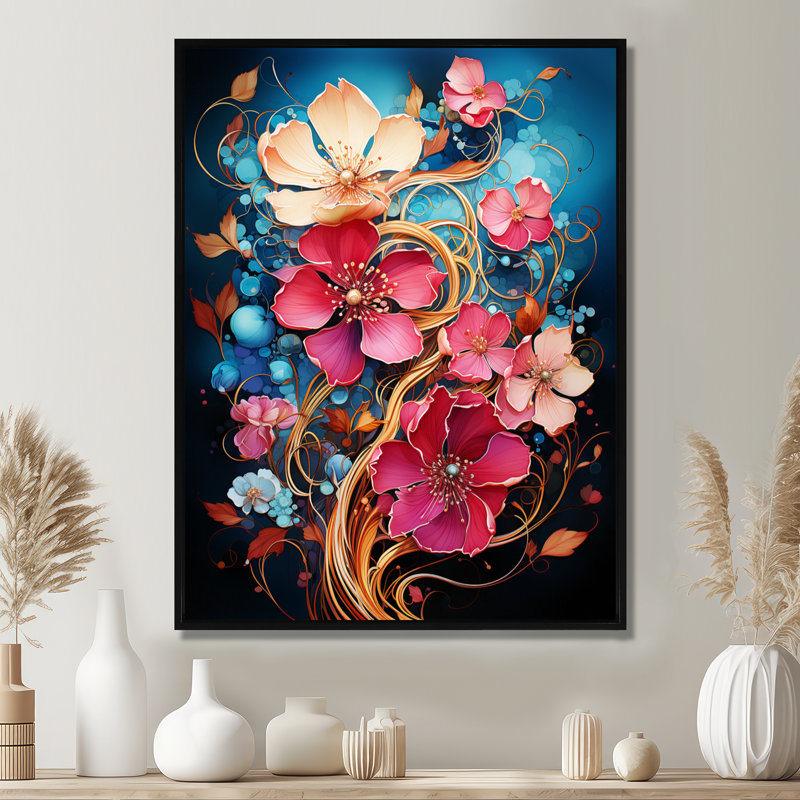 Vibrant fuchsia marguerite sur bleu profond - salon d'art mural marguerite, Toile avec cadre flottant noir