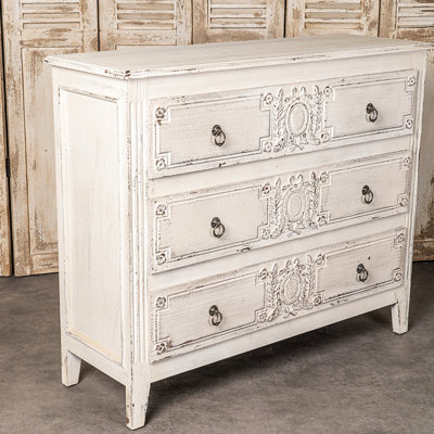 Commode 3 tiroirs en bois massif crème antique de style rétro essentiel pour le salon, tiroirs, bois de pin