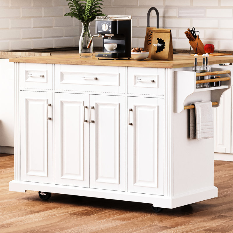 Grand îlot de cuisine avec abattant, 4 portes, 3 tiroirs, texture, rangement roulant, blanc pour chariot de 54 pouces, White