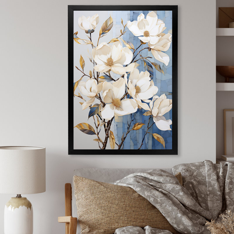 «Elegant White and Blue Magnolias Bloom II», reproduction sur toile, Toile tendue, 32" H x 24" W