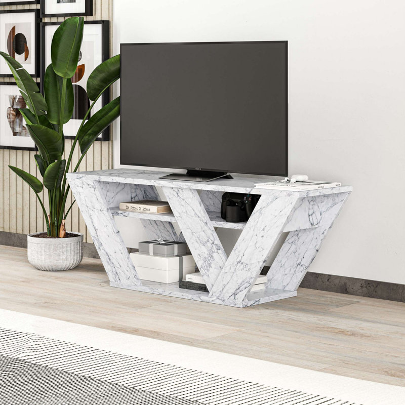 Modern TV Stand with Multiple Shelves, Carrara Marble Finish, 43.3 x 15.7 x 15.7 inches | 100% Melamine Coated Particle Board, Thickness: 0.7 inches | Wall-Mountable Design, Perfect for Contemporary Living Rooms