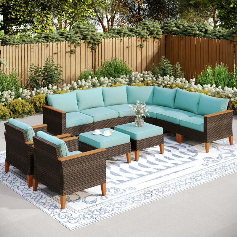Ensemble de meubles de patio en osier 9 pièces Salem, Bleu