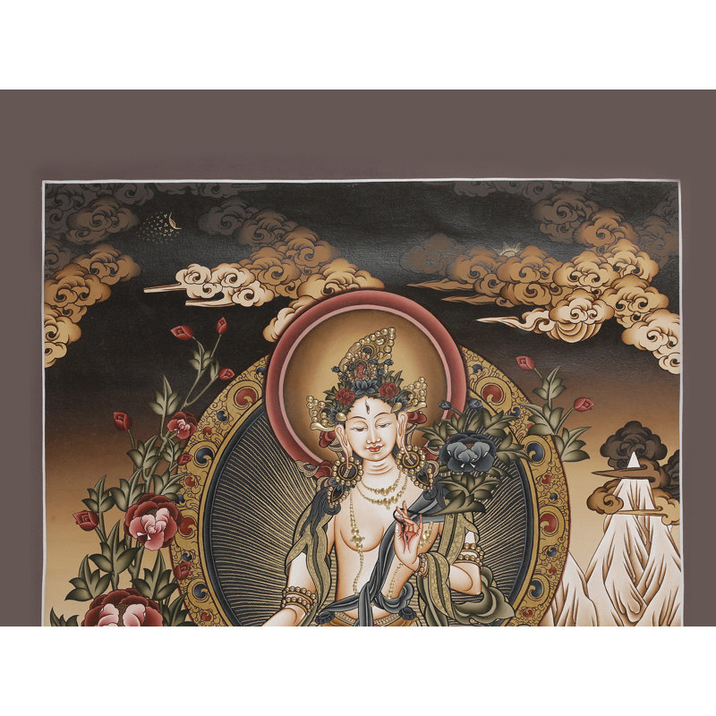 Déesse blanche Tara Thangka, art mural bouddhiste tibétain peint à la main, sans brocart, or 24 carats et acrylique, 24 po x 17,7 po