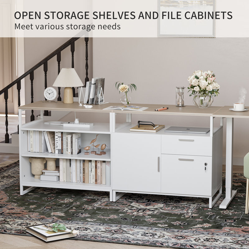 Normandie 66.1'' W Height Adjustable L-Shaped Standing Desk with and Cabinet, White