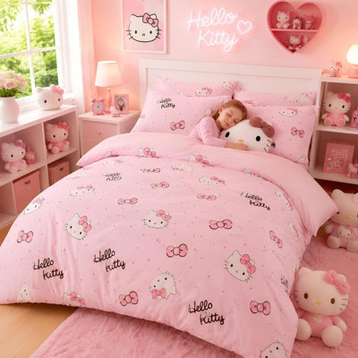 Ensemble de literie 4 pièces Hello Kitty Cadeaux pour filles / garçons Enfants et adolescents Housse de couette en polyester pour lit simple TG